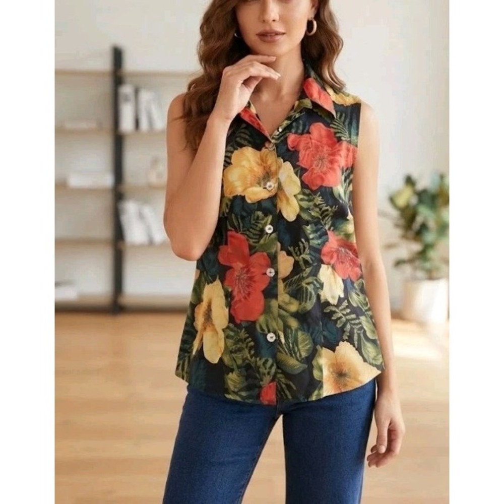 Rafaella 100% Silk Tropical Floral Print Button Vest Blouse Top Women's Size...